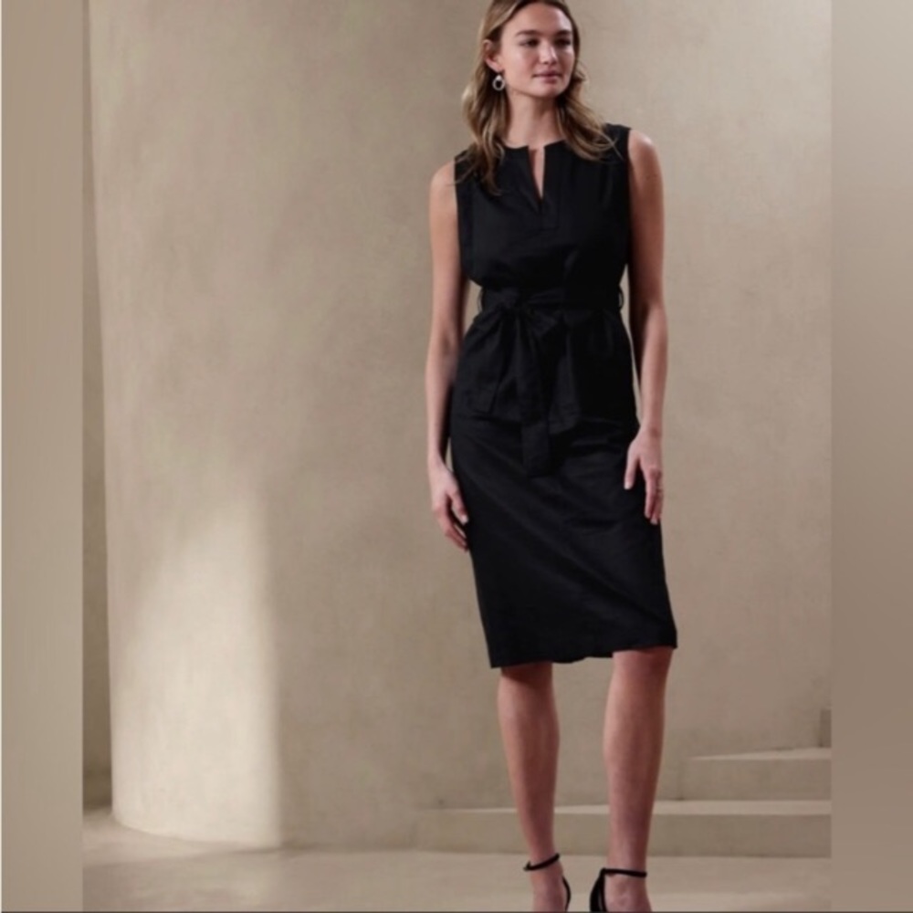 BANANA REPUBLIC BLACK LINEN-COTTON MIDI SHIFT DRESS